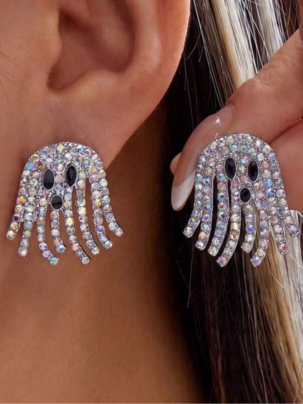 Iridescent Crystal Ghost Stud Earrings - Sparkling Pink Silver Tone